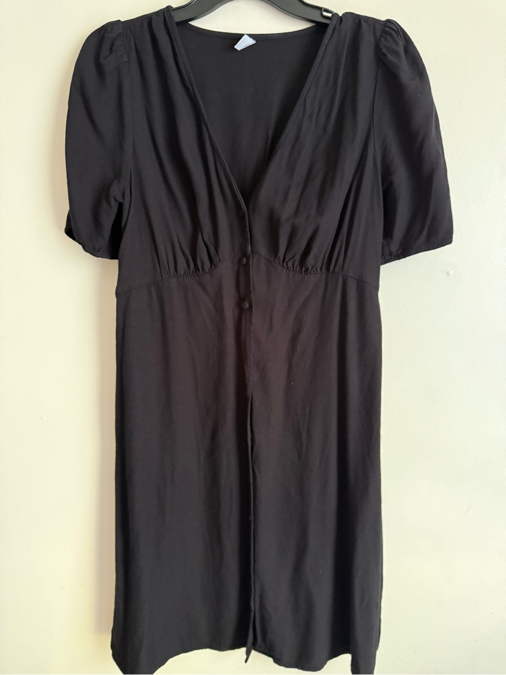 Old Navy Black V-Neck Midi Dress with Puff Shoulders